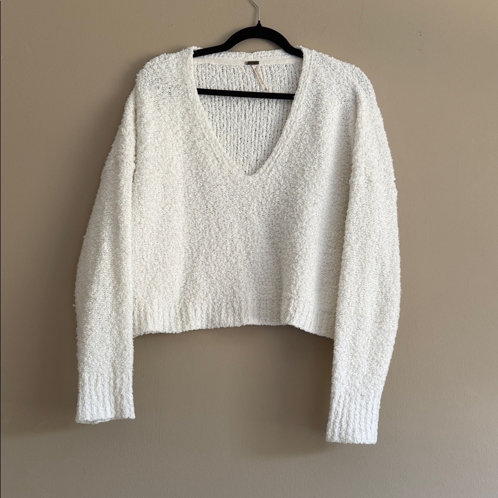 Free People Cream Bouclé V-Neck Sweater